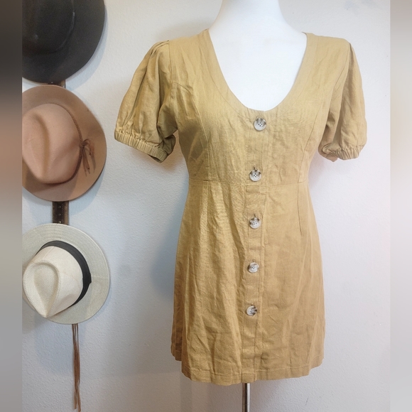 GILLIA 100% LINEN BUTTON UP ROUND NECK SHORT SLEEVES MUSTARD MINIDRESS SZ SMALL - Picture 2 of 16